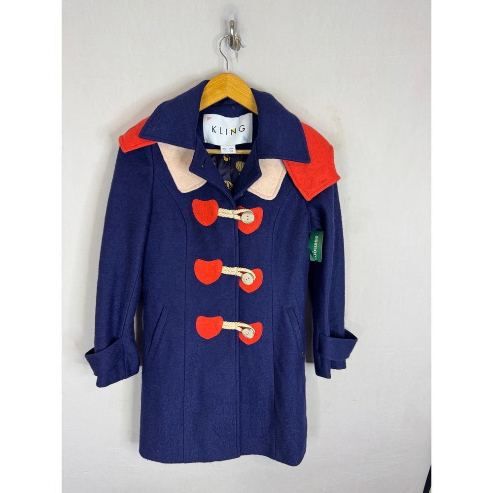 Kling Navy Blue Wool Blend Heart Toggle Duffle Coat Orange Accents XS NWT